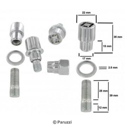 Verchroomde wielmoer en draadeind set met vlakke ring sloten (4 stuks)