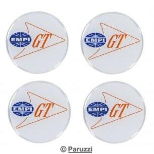 Naafdop stickers met `EMPI GT` logo op witte achtergrond (4 stuks)
