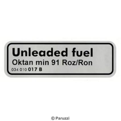 Sticker `unleaded fuel oktan min 91 roz/ron` loodvrije brandstof
